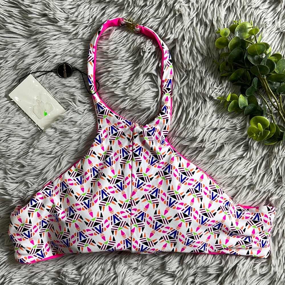 NWT khong boon neon pink pattern bikini halter top size S